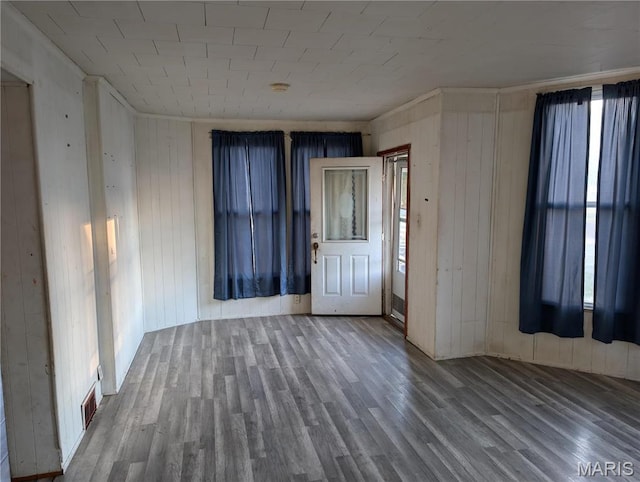 empty room with healthy amount of natural light, wood finished floors, and wooden walls