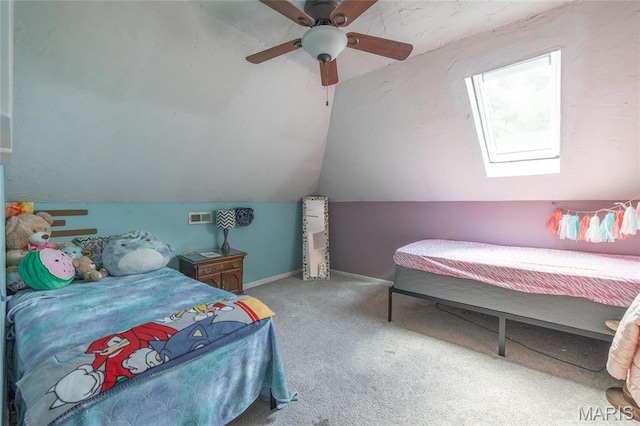 401 W Gibbs, Salem, MO 65560 - bedroom with carpet floors, a skylight, vaulted ceiling, baseboards, and ceiling fan