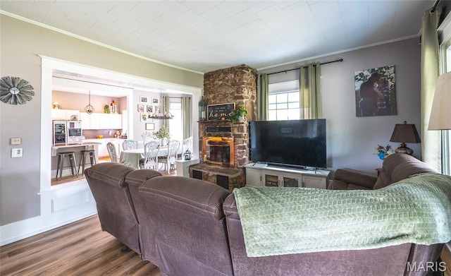 401 W Gibbs, Salem, MO 65560 - living room featuring ornamental molding, wood finished floors, and a fireplace