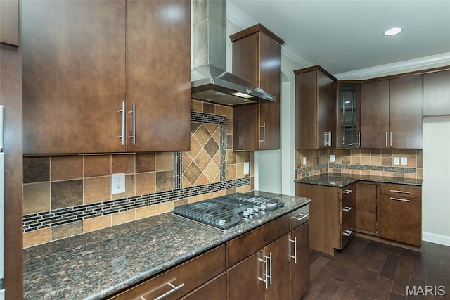 612 Savannah View Way, Chesterfield, MO 63017 - kitchen with wall chimney range hood, stainless steel gas stovetop, dark wood finished floors, decorative backsplash, and dark stone counters