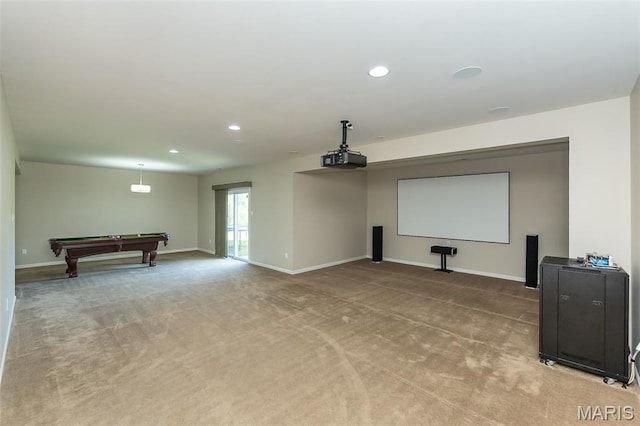 612 Savannah View Way, Chesterfield, MO 63017 - home theater room featuring recessed lighting, billiards table, baseboards, and light carpet