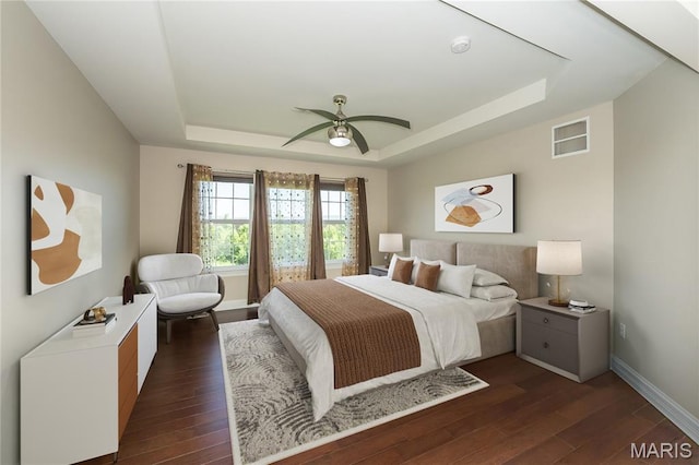 612 Savannah View Way, Chesterfield, MO 63017 - bedroom featuring a raised ceiling, wood finished floors, baseboards, and a ceiling fan