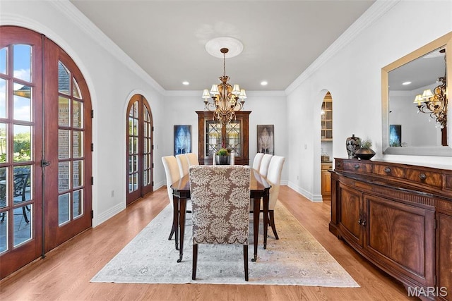1 Claychester Dr, Saint Louis, MO 63131 - dining area featuring a chandelier, light wood-type flooring, french doors, baseboards, and recessed lighting