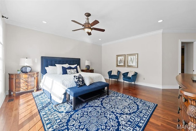 1 Claychester Dr, Saint Louis, MO 63131 - bedroom with wood finished floors, baseboards, ornamental molding, recessed lighting, and a ceiling fan