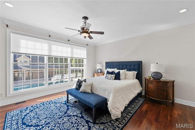 1 Claychester Dr, Saint Louis, MO 63131 - bedroom featuring wood finished floors, baseboards, ornamental molding, recessed lighting, and ceiling fan
