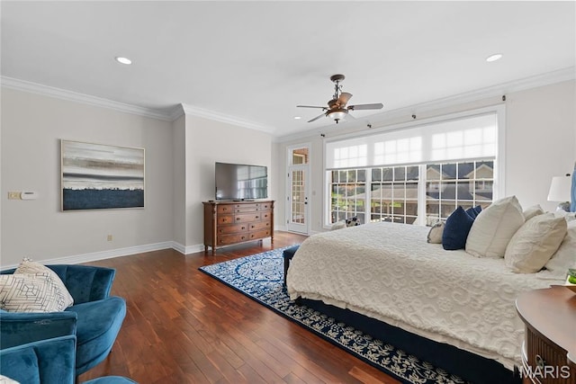 1 Claychester Dr, Saint Louis, MO 63131 - bedroom featuring wood-type flooring, crown molding, recessed lighting, baseboards, and access to exterior
