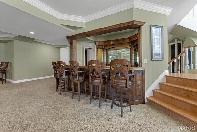 1 Claychester Dr, Saint Louis, MO 63131 - indoor dry bar featuring carpet, crown molding, baseboards, and stairs