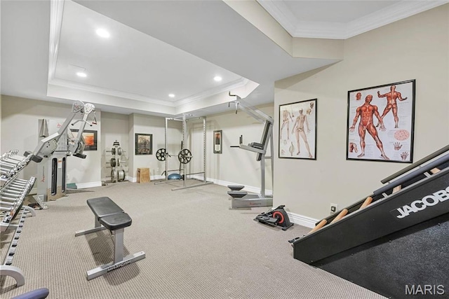 1 Claychester Dr, Saint Louis, MO 63131 - workout area with ornamental molding, baseboards, carpet, recessed lighting, and a tray ceiling