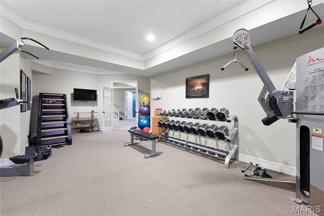 1 Claychester Dr, Saint Louis, MO 63131 - exercise area featuring carpet flooring, ornamental molding, and baseboards