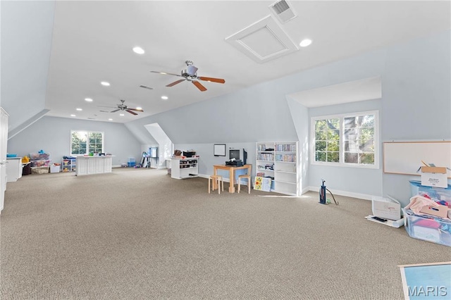 1 Claychester Dr, Saint Louis, MO 63131 - playroom featuring carpet flooring, lofted ceiling, recessed lighting, baseboards, and a ceiling fan