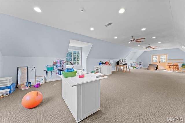 1 Claychester Dr, Saint Louis, MO 63131 - playroom with lofted ceiling, light carpet, recessed lighting, a ceiling fan, and baseboards