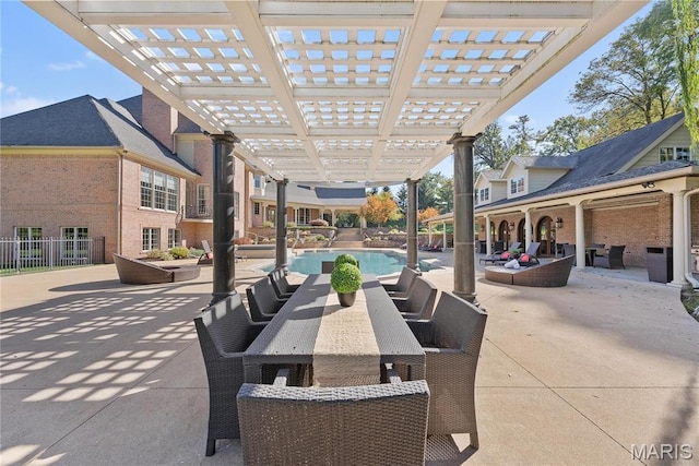 1 Claychester Dr, Saint Louis, MO 63131 - view of patio / terrace featuring a pergola, an outdoor living space, a pool with connected hot tub, and outdoor dining area