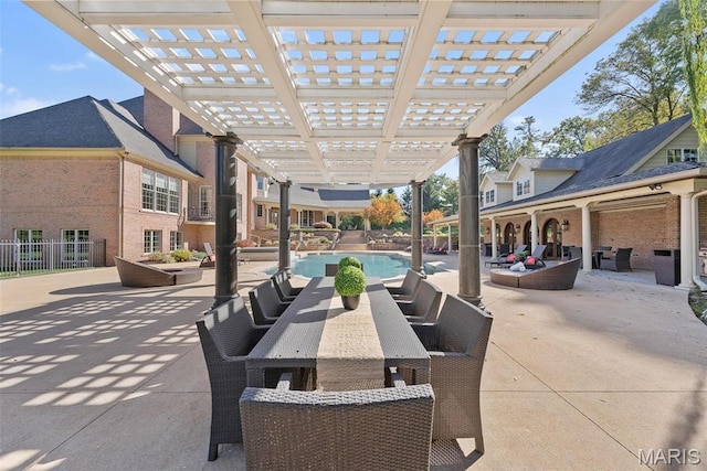 1 Claychester Dr, Saint Louis, MO 63131 - view of patio featuring a pergola, an outdoor living space, a pool with connected hot tub, and outdoor dining area