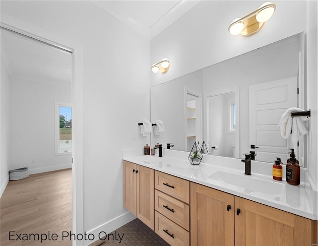 full bathroom with double vanity, baseboards, and wood finished floors