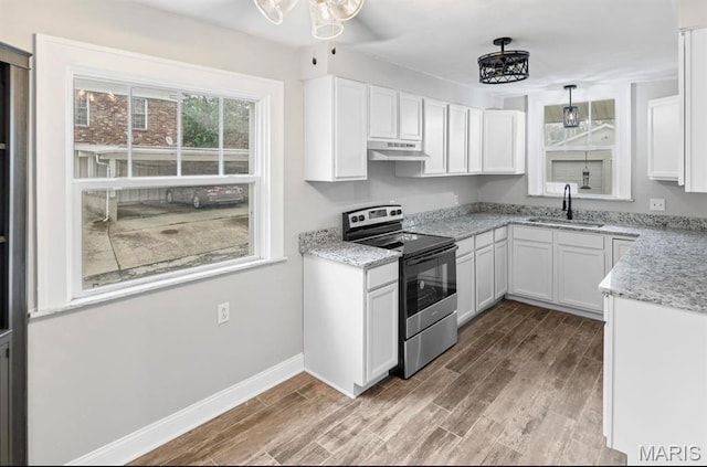 kitchen featuring stainless steel range with electric stovetop, a sink, under cabinet range hood, and wood finished floors