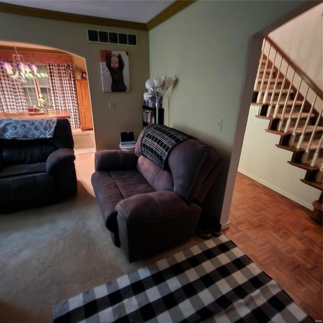 660 W 3rd, Trenton, IL 62293 - living area featuring stairway, arched walkways, ornamental molding, and baseboards