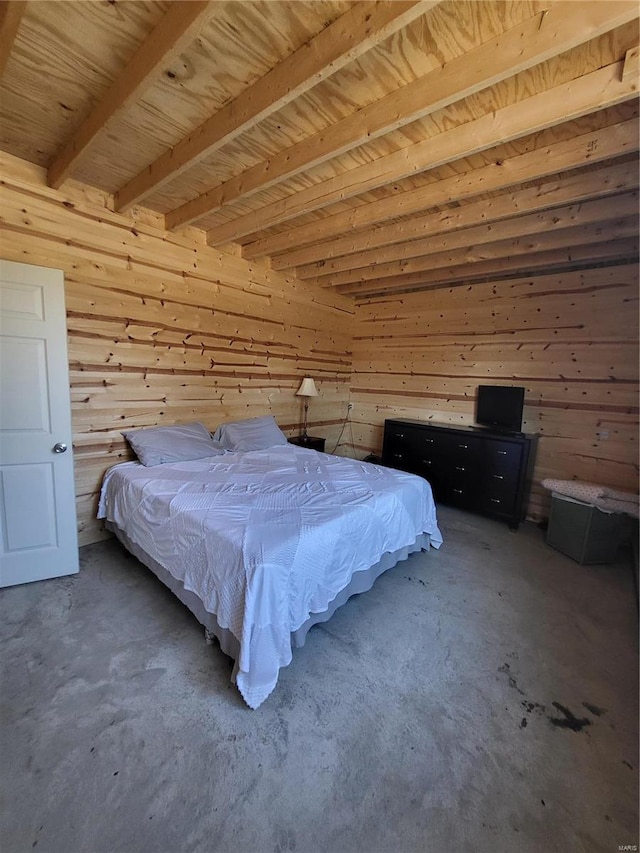 2724 Wayne Rte # Oo, Greenville, MO 63944 - bedroom with beamed ceiling, unfinished concrete flooring, and wood walls