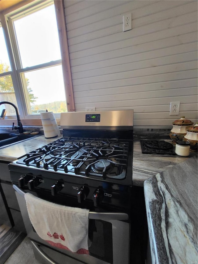 2724 Wayne Rte # Oo, Greenville, MO 63944 - kitchen view of stainless steel range with gas stovetop and wooden walls