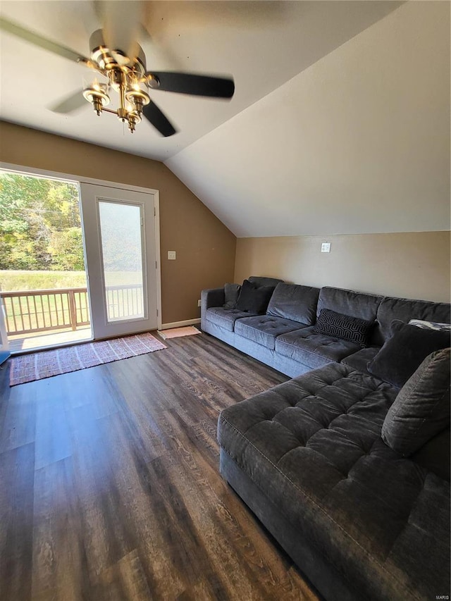 2724 Wayne Rte # Oo, Greenville, MO 63944 - living area featuring wood finished floors, vaulted ceiling, a ceiling fan, and baseboards