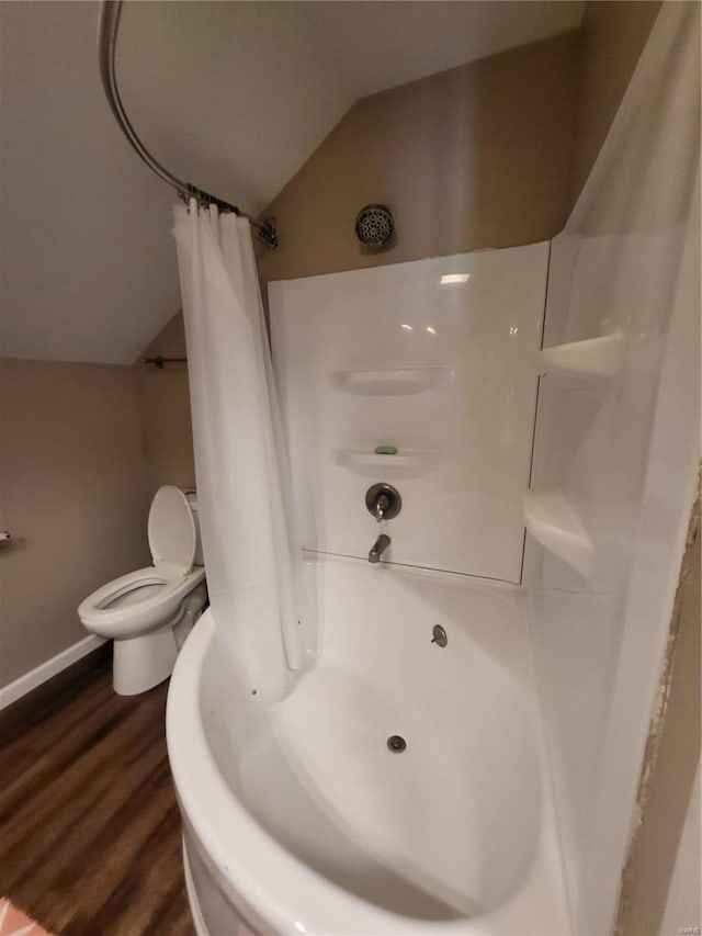 2724 Wayne Rte # Oo, Greenville, MO 63944 - bathroom with lofted ceiling, curtained shower, wood finished floors, and toilet