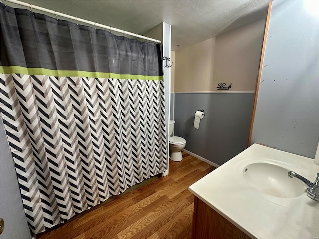 bathroom with wood finished floors, toilet, a shower with shower curtain, vanity, and wainscoting