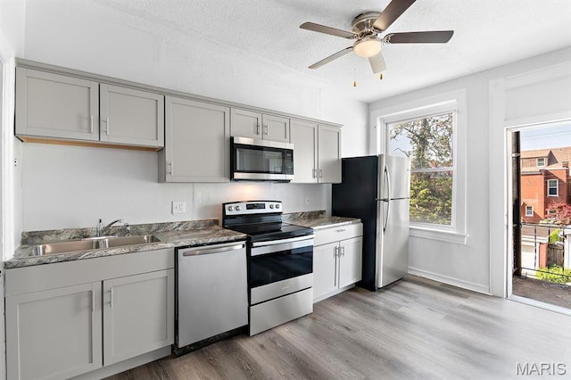 3921 Shenandoah Ave, Saint Louis, MO 63110 - kitchen featuring appliances with stainless steel finishes, gray cabinets, light wood-style floors, a ceiling fan, and a sink