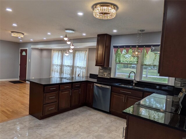 7 Carole Ln, Frontenac, MO 63131 - kitchen with stainless steel dishwasher, a sink, a peninsula, dark brown cabinetry, and recessed lighting