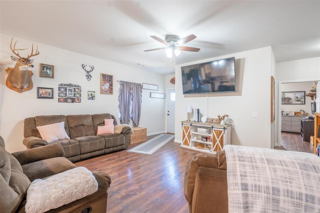 45 Justin Ave, Van Buren, MO 63965 - living room with wood finished floors, a ceiling fan, and baseboards