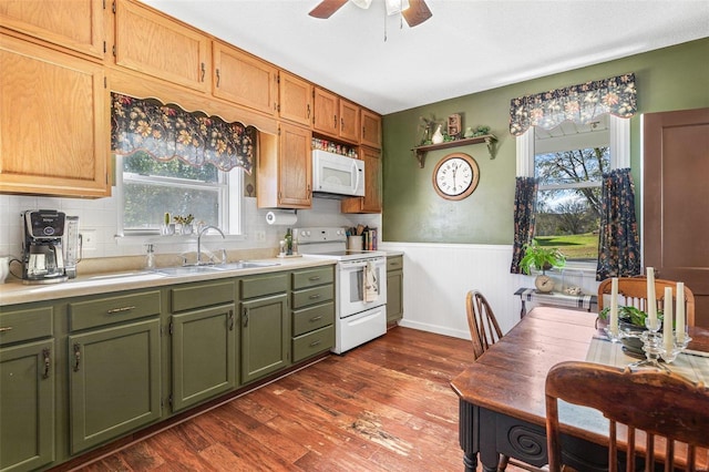 94 Jersey Ln, Bloomsdale, MO 63627 - kitchen with white appliances, green cabinets, a sink, wainscoting, and a ceiling fan