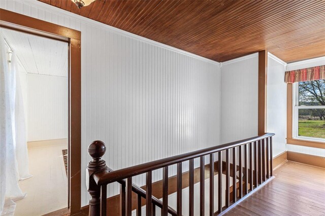 94 Jersey Ln, Bloomsdale, MO 63627 - corridor featuring wood ceiling, crown molding, an upstairs landing, wood finished floors, and baseboards
