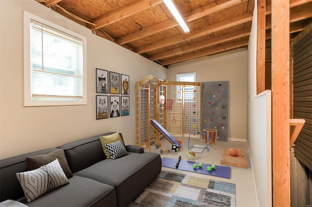 9608 Flora Ave, Saint Louis, MO 63114 - living area with beam ceiling and wooden ceiling