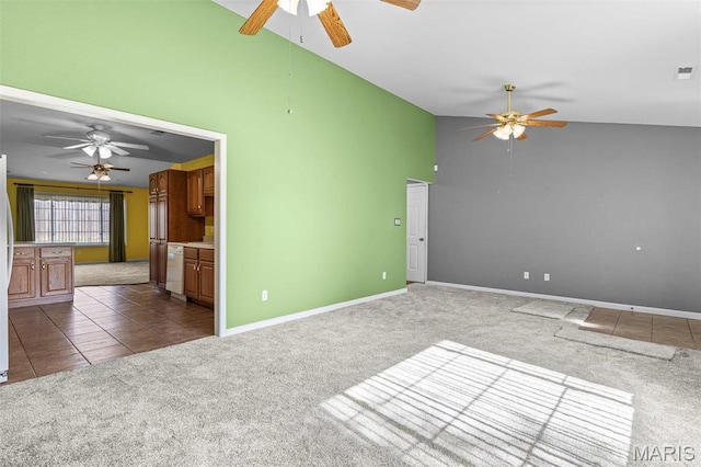 119 Ohio Ct, Farmington, MO 63640 - tiled spare room featuring ceiling fan, carpet flooring, high vaulted ceiling, and baseboards
