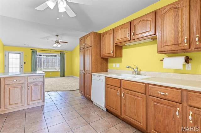 119 Ohio Ct, Farmington, MO 63640 - kitchen with a sink, dishwasher, a ceiling fan, light countertops, and light colored carpet