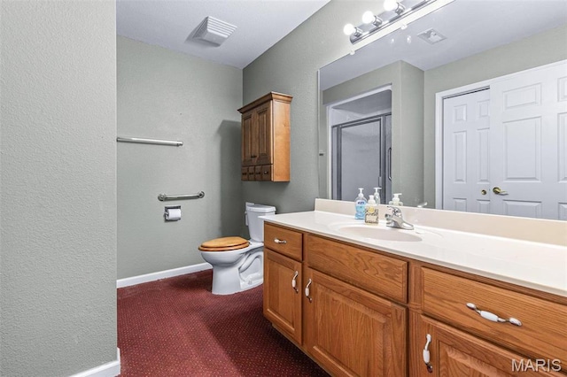 119 Ohio Ct, Farmington, MO 63640 - bathroom featuring a stall shower, baseboards, vanity, toilet, and a textured wall