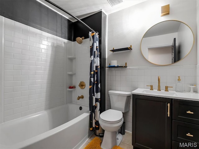 575 E Villa Ridge Rd, Villa Ridge, MO 63089 - full bathroom with vanity, shower / bath combination with curtain, tile patterned flooring, and tile walls