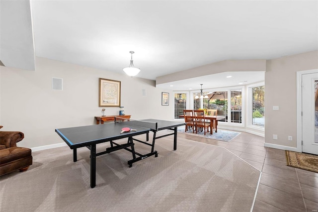 rec room with baseboards, recessed lighting, a chandelier, and tile patterned floors