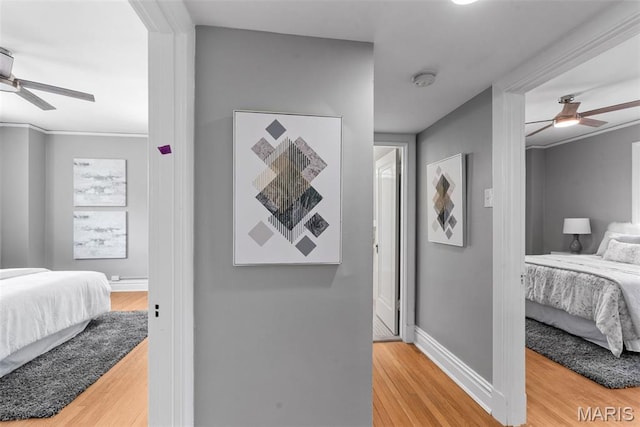 625 S Skinker Blvd Unit 202, Saint Louis, MO 63105 - bedroom with light wood-type flooring, a ceiling fan, and crown molding