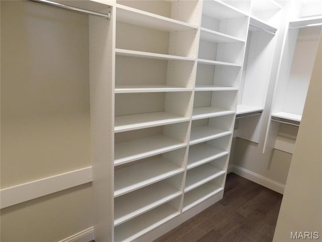 spacious closet with dark wood-style flooring