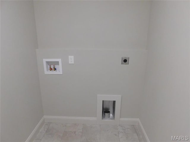 laundry room with light marble finish flooring, hookup for an electric dryer, washer hookup, and baseboards