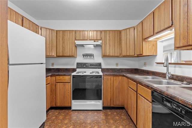 11640 Cedar Walk Dr, Saint Louis, MO 63146 - kitchen with white appliances, under cabinet range hood, a sink, dark countertops, and brown cabinetry