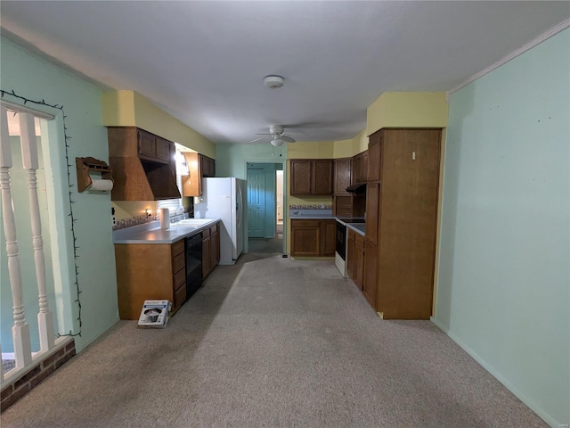19503 N Moonbean, Mount Vernon, IL 62864 - kitchen with freestanding refrigerator, a ceiling fan, light carpet, and dishwasher