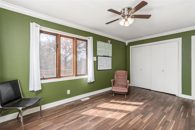 24950 State Rd A, Richland, MO 65556 - unfurnished room with wood finished floors, baseboards, ornamental molding, and ceiling fan