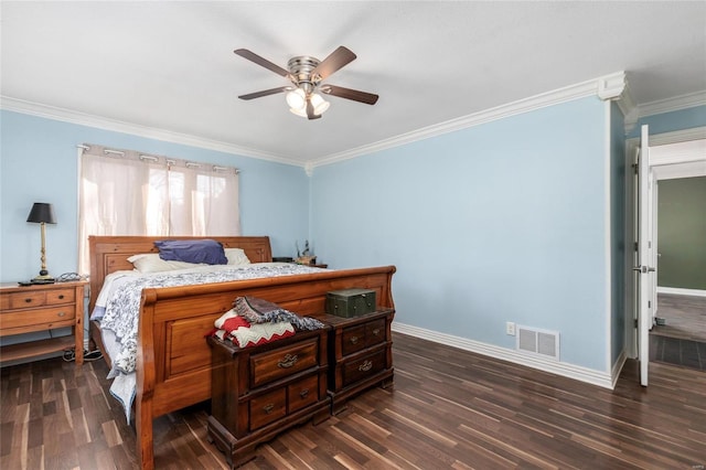 24950 State Rd A, Richland, MO 65556 - bedroom featuring dark wood finished floors, baseboards, ornamental molding, and ceiling fan