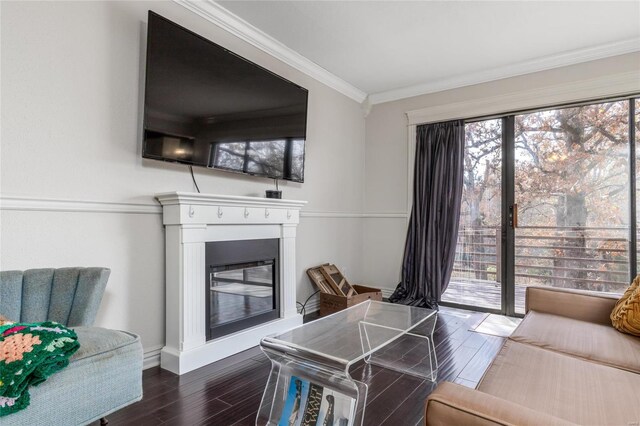 24950 State Rd A, Richland, MO 65556 - living area with a glass covered fireplace, wood finished floors, ornamental molding, and baseboards