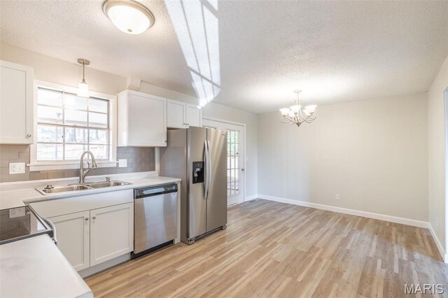 2637 Forest View St, Poplar Bluff, MO 63901 - kitchen featuring appliances with stainless steel finishes, a textured ceiling, a sink, decorative backsplash, and light wood-style floors