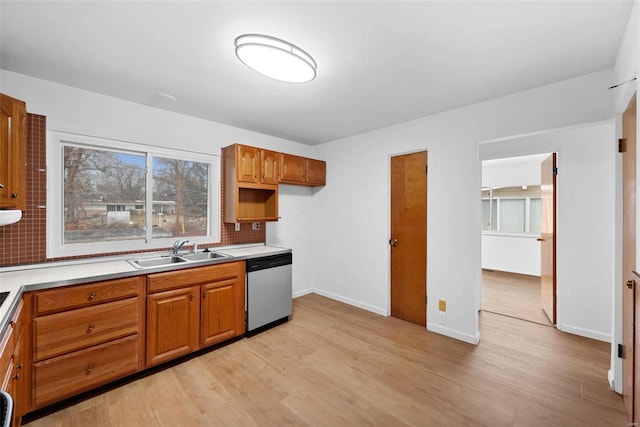 kitchen featuring a sink, dishwasher, light wood-style floors, and backsplash