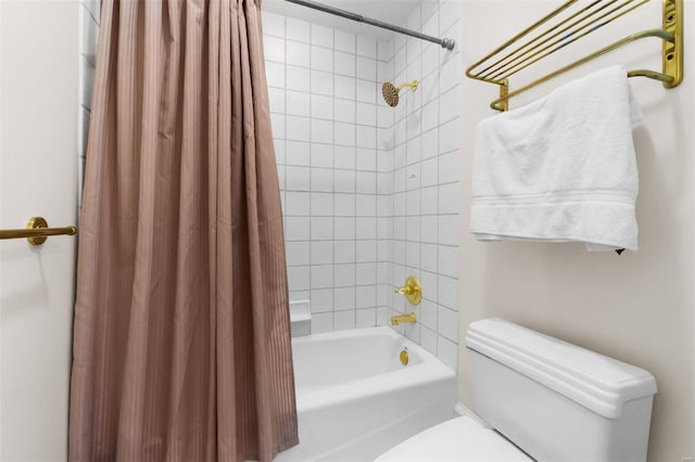 bathroom with toilet and shower / bath combination with curtain