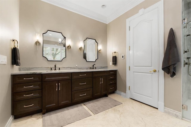 full bath with a shower stall, marble finish flooring, double vanity, and crown molding