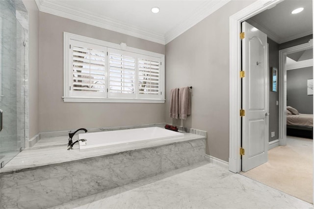 full bath with crown molding, a bath, a stall shower, recessed lighting, and marble finish floors