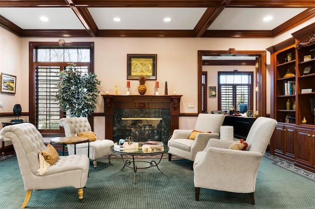 living area with a high end fireplace, carpet flooring, coffered ceiling, crown molding, and beam ceiling